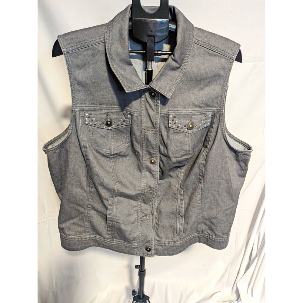 CJ Banks Women's Gray Studded Button Collared Vest Jacket Pockets 2X - Picture 1 of 7
